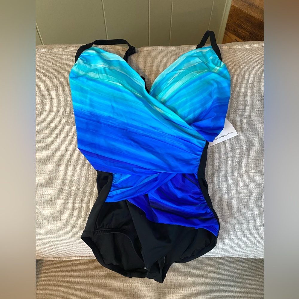 Embrace Your Curves by Miracle Brands Blue and Black One-Piece Swimsuit NWT
